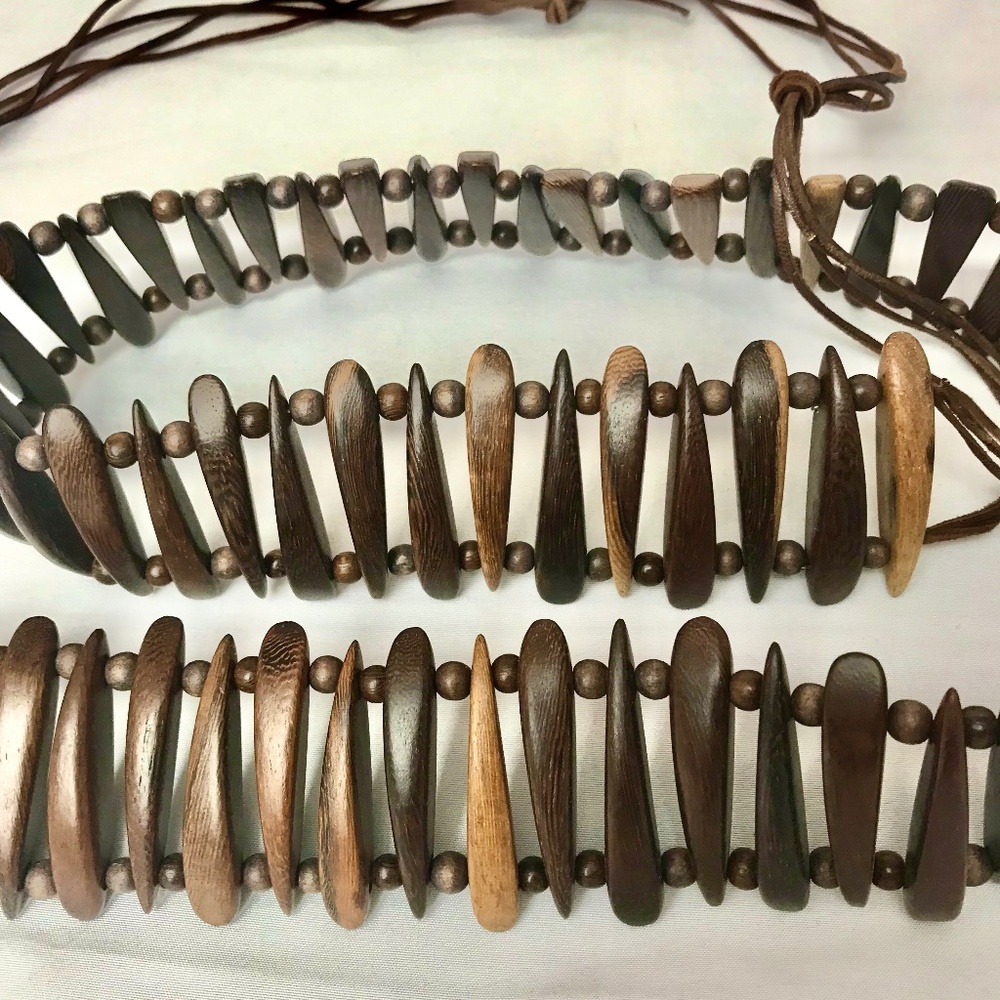 Vintage Boho Belt, Wooden Beads on Faux Leather String